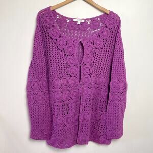 Vintage 90s Crochet Cardigan Sweater Liz Claiborne XL Purple Cottage Festival